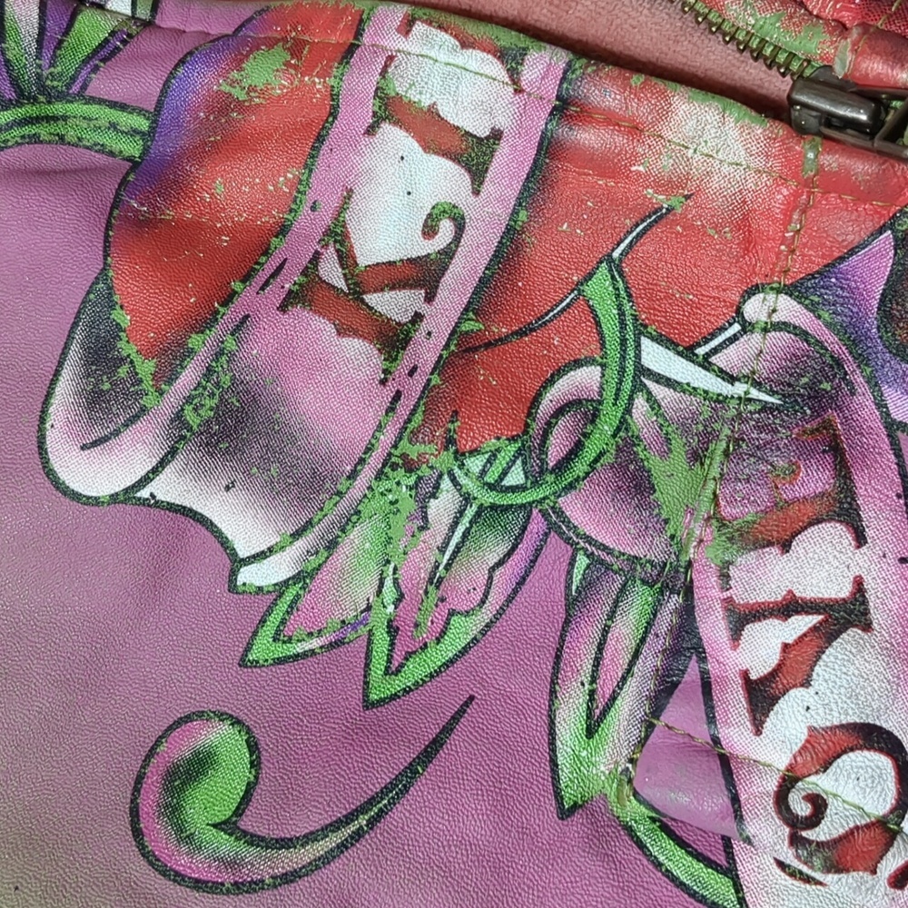 Ed Hardy by Christian Audigier Green Pink Leather Jacket hoodie Women's Medium - Picture 6 of 13